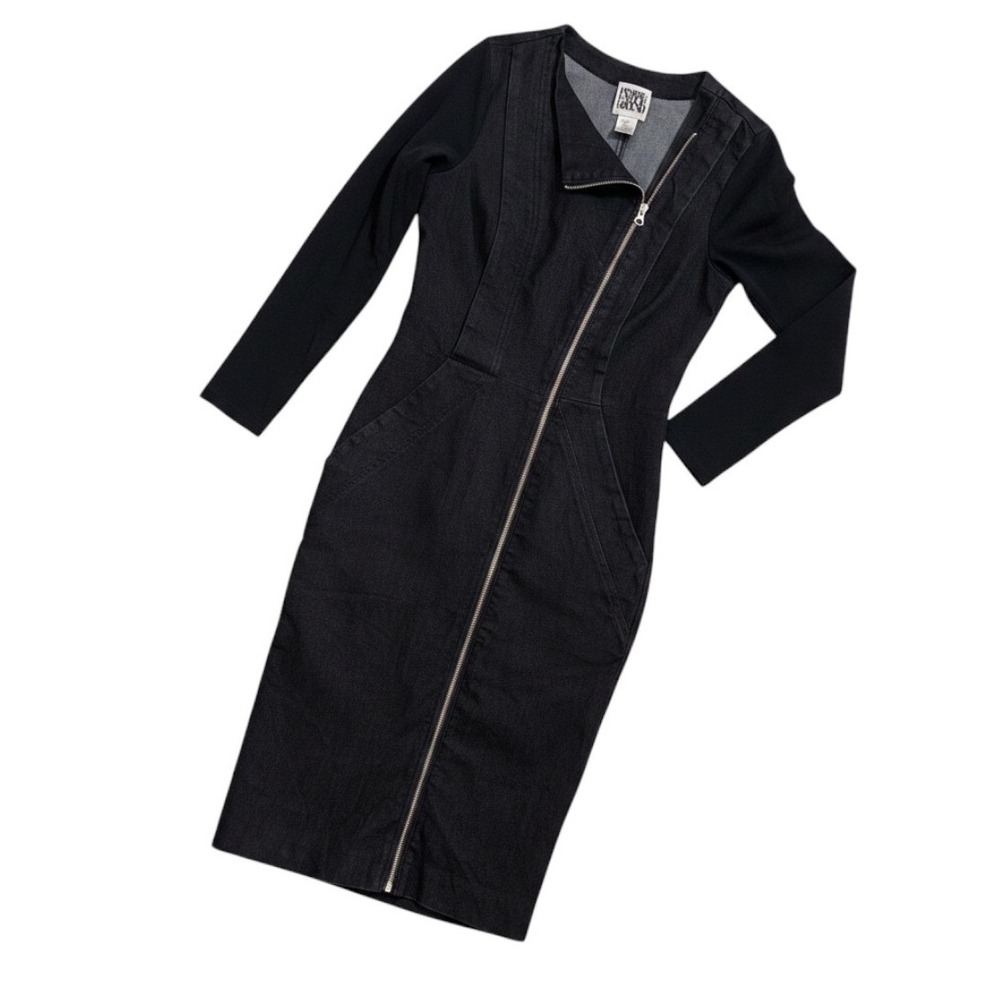 Prairie Underground Black Denim Asymmetrical Zip Midi Dress Womens Medium‎ USA